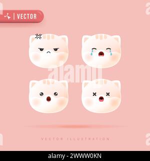 3D Realistic Vector Set Of Cute Cartoon Cat Icons with Various Facial Expression Isolated in Peach Background. Simple and Minimal Kitty Face Icon Set Stock Vector