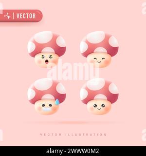 Emoji Set with Various Facial Expression Cute Mushroom Face Vector Illustration. Mushroom Head with Red Polkadot Pattern. 3D Realistic Cute Mushroom C Stock Vector