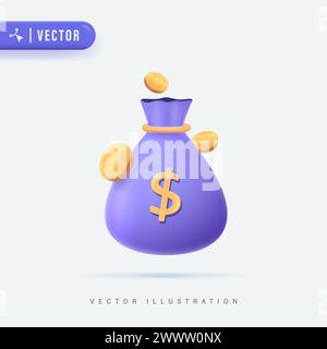 3d Realistic Money Bag with Dollar Sign Vector Illustration, Money Bag Vector Icon, Logo and Symbol Stock Vector