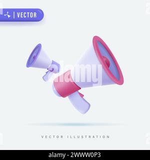Two 3D Realistic Megaphone Vector Illustration Isolated Background. Loudspeaker Cartoon Logo Icon and Symbol. Social Media Marketing Concept. Announce Stock Vector