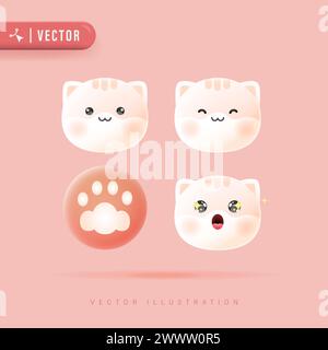 3D Realistic Vector Set Of Cute Cartoon Cat Icons with Various Facial Expression Isolated in Peach Background. Simple and Minimal Kitty Face Icon Set Stock Vector