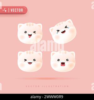 3D Realistic Vector Set Of Cute Cartoon Cat Icons with Various Facial Expression Isolated in Peach Background. Simple and Minimal Kitty Face Icon Set Stock Vector