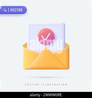Opened Light Yellow Envelopes on White Background Vector Illustration. 3D Realistic Unfolded Envelope Logo,Icon or Symbol Cartoon. Check mark icon. Ap Stock Vector
