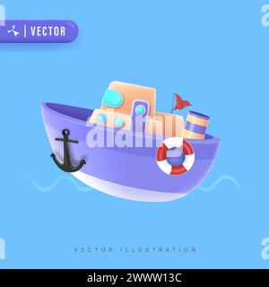 3D Boat vector illustration with anchor and buoy Stock Vector