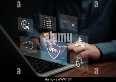 Protect data information is safe and online privacy and security with a VPN Virtual Private Network. Cyber security and privacy connection technology Stock Photo