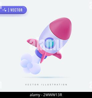 Flying space rocket 3d Realistic. Spaceship launch. Rocket 3d icon, logo or symbol. Logo ship. Vector illustration. Rocket flying over cloud,Rocket la Stock Vector