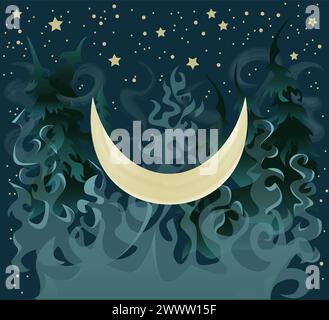 Fantasy vector illustration with moon, magic forest and smoke in the darkness against background with night sky and stars, cartoon flat design art Stock Vector