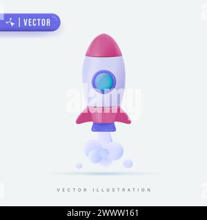 Flying space rocket 3d Realistic. Spaceship launch. Rocket 3d icon, logo or symbol. Logo ship. Vector illustration. Rocket flying over cloud,Rocket la Stock Vector