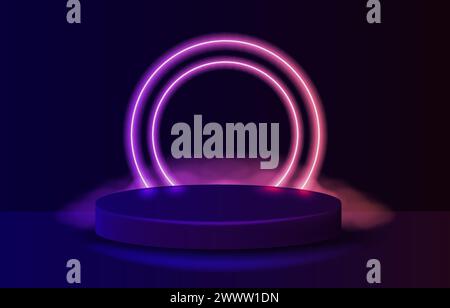 Empty Podium with Line Gradient Neon Ring on Background. Illustration with Abstract Scene with Pink and Purple Neon Frame. Glowing Neon Light Bulb Stock Vector