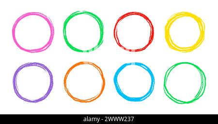 Scribble circle round vector frame. Hand drawn rough scribble effect line. Children color crayon brush stroke frame. Scribble hand drawn grunge doodle color circle set. Vector illustration Stock Vector
