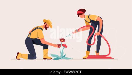 Couple Watering Flower with Water Hose Flat Design Concept, Young Female Gardening Vector Illustration Stock Vector