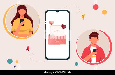 Dating app Flat Design Concept, Male and Female  Sending Message with Smartphone in Dating App Vector Illustration Stock Vector