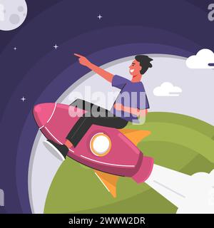 Young Man Flying To The Moon with Rocket Vector Illustration, Chasing Dream Concept, Illustration of Little Kids riding on a Rocket to success Stock Vector