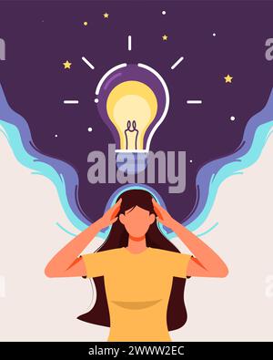 The girl has an insight (idea). Flat vector illustration. Cartoon character of a woman who invented the idea, bright light bulb , woman is thinking Stock Vector