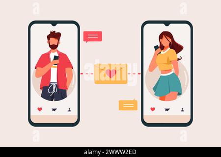 Dating app Flat Design Concept, Male and Female  Sending Message with Smartphone in Dating App Vector Illustration Stock Vector