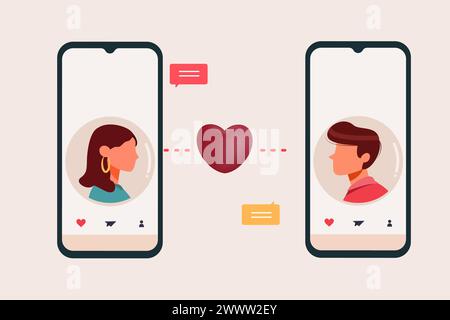 Dating app Flat Design Concept, Male and Female  Sending Message with Smartphone in Dating App Vector Illustration Stock Vector