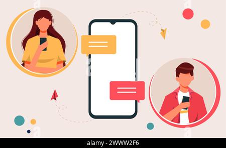 Male and female chatting by phone concept vector illustration, People Characters using Mobile App for Dating and Communication Stock Vector