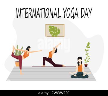 Woman Practicing Yoga character Vector Illustration, Flat And Minimalis Design, international yoga day poster vector banner, women meditate and refres Stock Vector