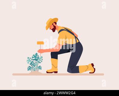 Man Working in Garden Flat Design Concept, Gardener Man Vector Illustration, Gardening in Backyard Stock Vector
