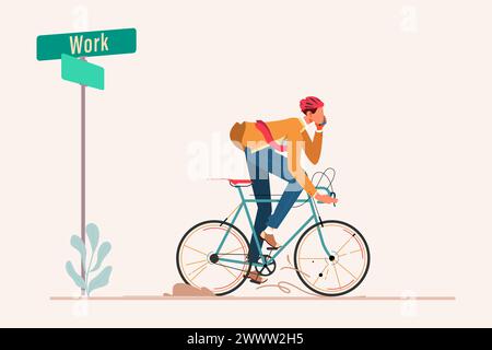 Bussinesman Riding Bycicle to Work Flat Design Concept, A Man Ride Bycicle to Work Vector Illustration, Ecological Transport, Urban Life Stock Vector