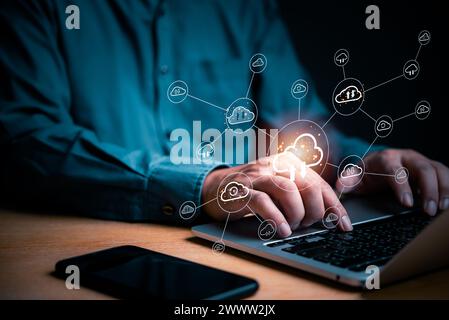 cloud backup storage, data safety digital database protect file transfer network cybersecurity technology internet online computer laptop with busines Stock Photo