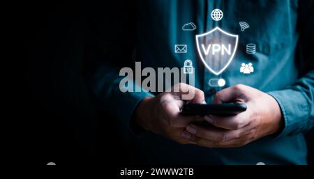 Protect data information is safe and online privacy and security with a VPN Virtual Private Network. Cyber security and privacy connection technology Stock Photo
