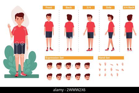 Cartoon character for motion design Free Vector, Base Character Boy, Front, side, back view animated character. Boy character creation set with variou Stock Vector