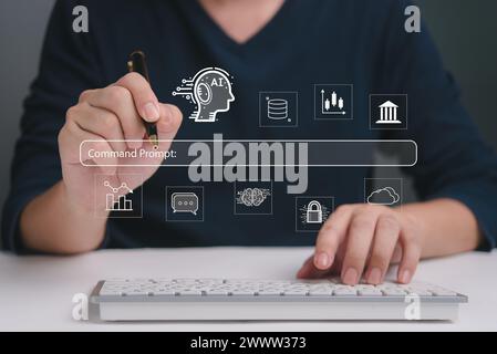 AI technology interface and human interaction. Person interacts with an artificial intelligence command prompt using a stylus, symbolizing modern tech Stock Photo