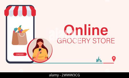 Online Grocery Store shopping concept with a mobile phone Vector Illustration. Woman Buy Vegetable and Fruit By Phone Concept. Web page design templat Stock Vector