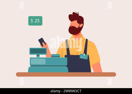 Cashier Behind Cashier Counter Flat Design Concept, Cashierman in the supermarket, shop, store isolated Stock Vector