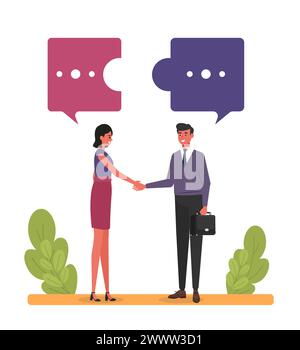 People Connecting Puzzle Element Vector Illustration, Teamwork Concept, Male and Female Office Worker Characters, Business Background Stock Vector
