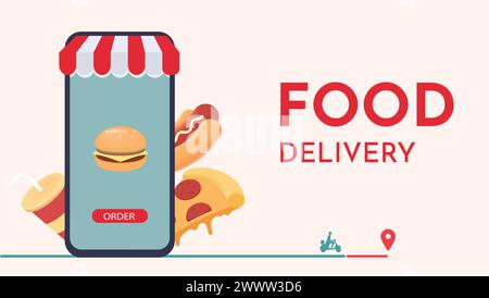Food Order and Delivery Online Concept with Fast Food Vector Illustration. Template for ordering food online on a smartphone application. Fast food ic Stock Vector