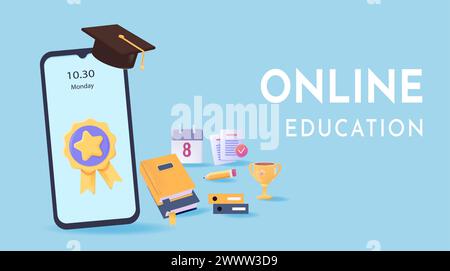 Digital Online Education Application learning on phone. 3D vector Illustration. Online education on website and mobile application.Concept for web, gr Stock Vector