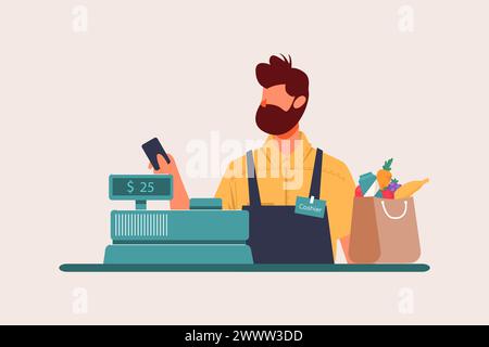 Cashier Behind Cashier Counter Flat Design Concept, Cashierman in the supermarket, shop, store isolated Stock Vector