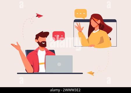 Two People Having Virtual Meeting from Home Concept Vector Illustration, Two Freelancer Having Online Meeting Flat Design Stock Vector