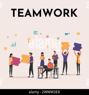 Teamwork Concept of Office Worker Vector Illustration. Symbol of teamwork, cooperation, partnership. Business concept. Team metaphor. people connectin Stock Vector