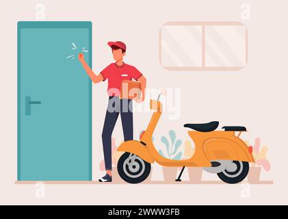 Courier Knocking the Customer's Home Door Vector Illustartion. Courier Finishes Deliver Parcel to Customer or Buyer Home. The Courier Delivered the Bo Stock Vector