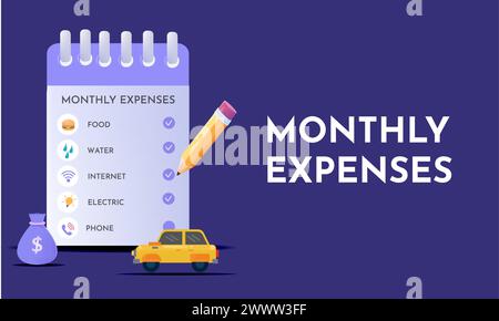 Family Monthly Expenses Planning Concept with List of Expenses Vector Illustration. Flat style vector icon illustration. Stock Vector