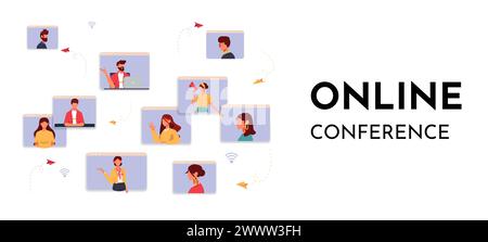 Video Conference Meeting Online Concept Vector Illustration. online meeting work form home. video call to a friend, study online, business meeting. gr Stock Vector
