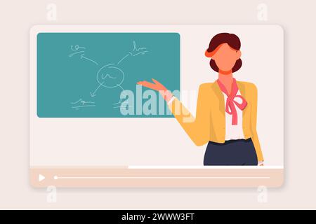 Online education vector concept with confident female character,  Vector illustration with young cheerful tutor teaching online during quarantine. E-l Stock Vector