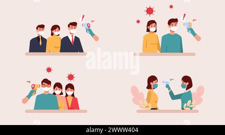 Checked Body Temperature With Infrared Termometer, A man holding an infrared thermometer to measure temperature, new normal, wearing mask and checking Stock Vector