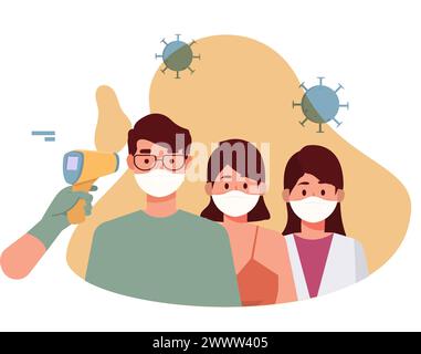 Checked Body Temperature With Infrared Termometer, A man holding an infrared thermometer to measure temperature, new normal, wearing mask and checking Stock Vector