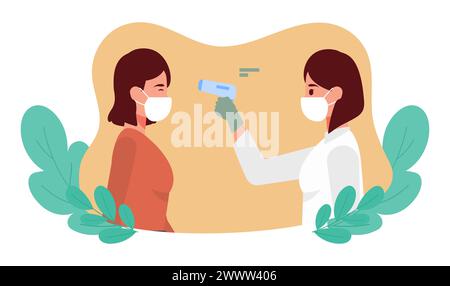 Checked Body Temperature With Infrared Termometer, A man holding an infrared thermometer to measure temperature, new normal, wearing mask and checking Stock Vector