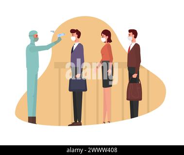 Checked Body Temperature With Infrared Termometer, A man holding an infrared thermometer to measure temperature, new normal, wearing mask and checking Stock Vector