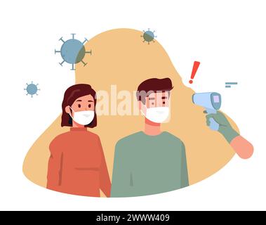 Checked Body Temperature With Infrared Termometer, A man holding an infrared thermometer to measure temperature, new normal, wearing mask and checking Stock Vector