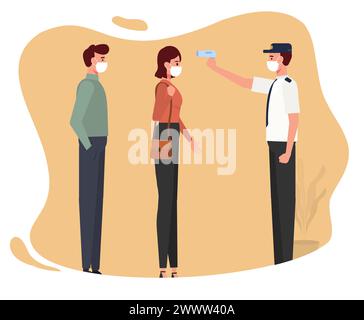 Checked Body Temperature With Infrared Termometer, A man holding an infrared thermometer to measure temperature, new normal, wearing mask and checking Stock Vector