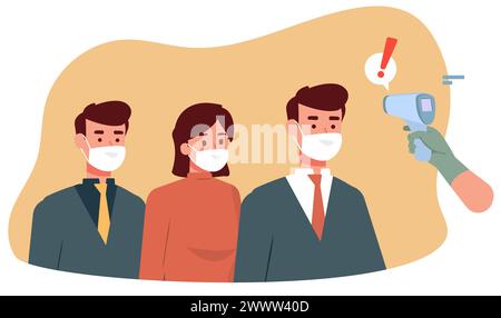 Checked Body Temperature With Infrared Termometer, A man holding an infrared thermometer to measure temperature, new normal, wearing mask and checking Stock Vector