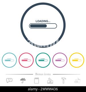 Loading progress bar flat color icons in round outlines. 6 bonus icons included. Stock Vector