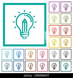 Smart idea pencil outline flat color icons with quadrant frames on white background Stock Vector