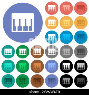 Piano keyboard solid multi colored flat icons on round backgrounds. Included white, light and dark icon variations for hover and active status effects Stock Vector